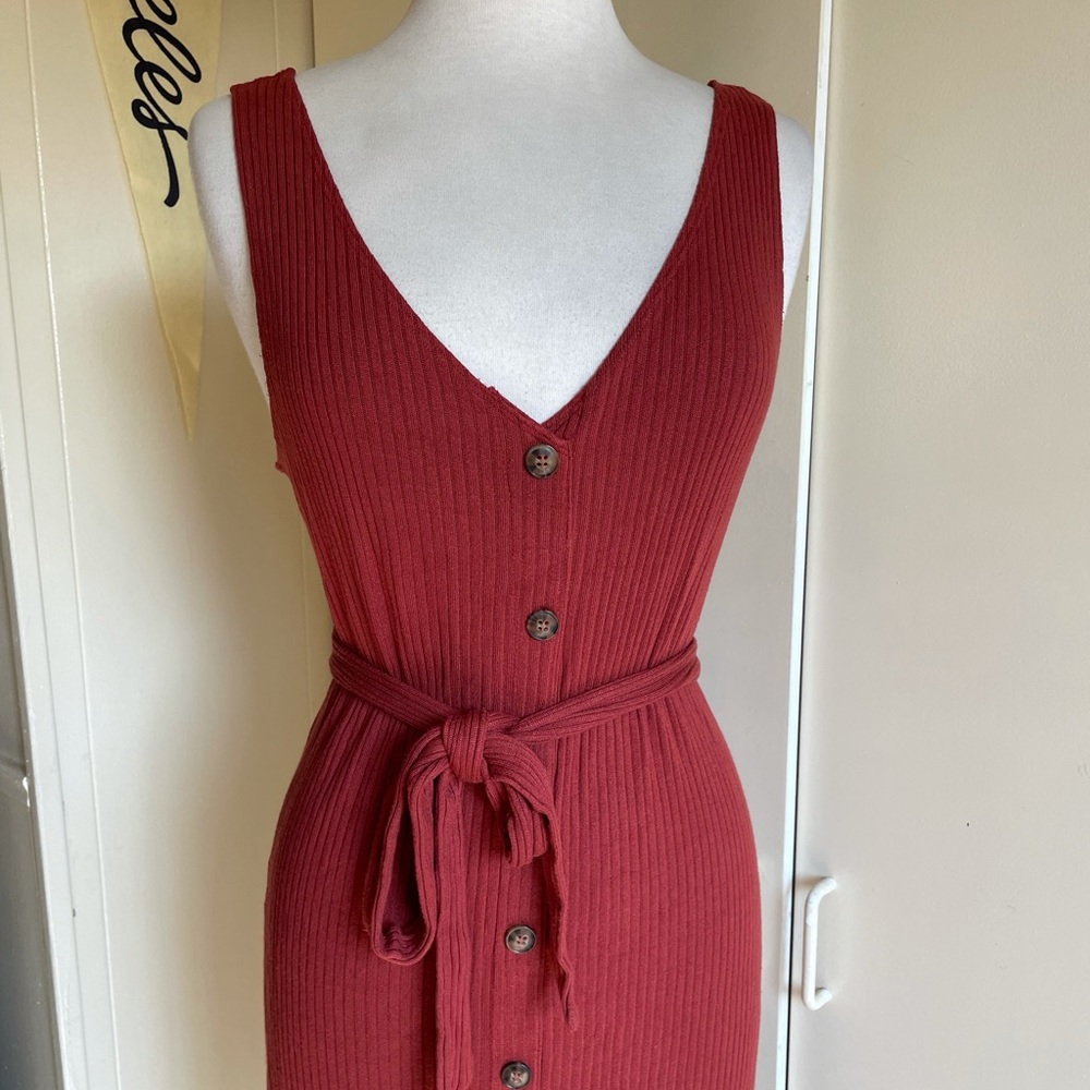 XL Reformation Rust Dress stretch button front tie belt curvy midi Red O…
